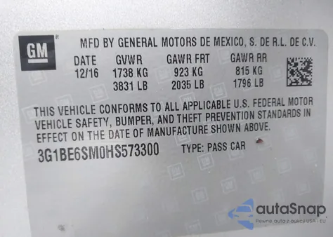 2017 Chevrolet Cruze Lt Auto z USA, uszkodzony, nr VIN 3G1BE6SM0HS573300